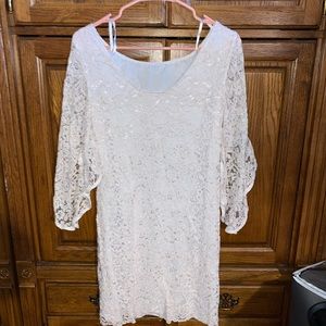 Floral White Dress w/ Cut Sleeve